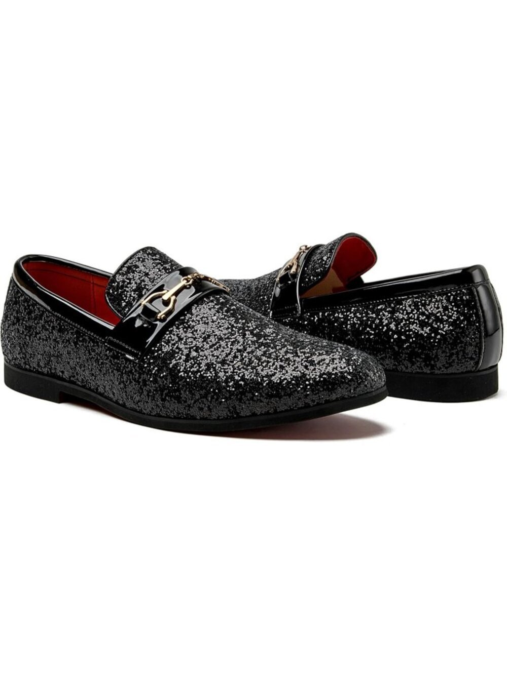YICASXIHE Men's Black Glitter Sequins Loafers Gold Buckle Slip On Formal Shoes